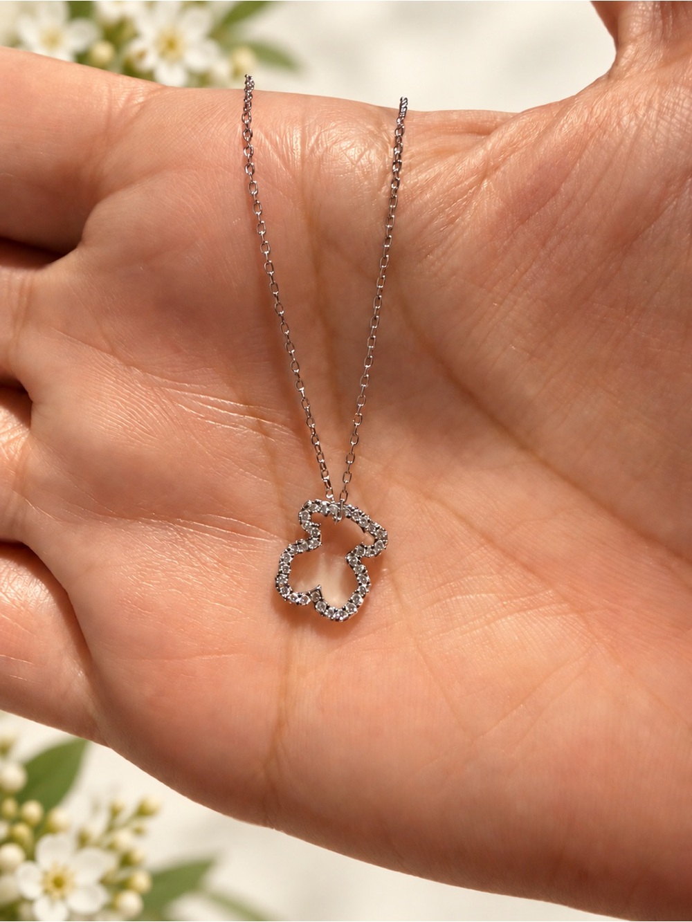 Silver Bear 🐻 Pendant Necklace with White Stones